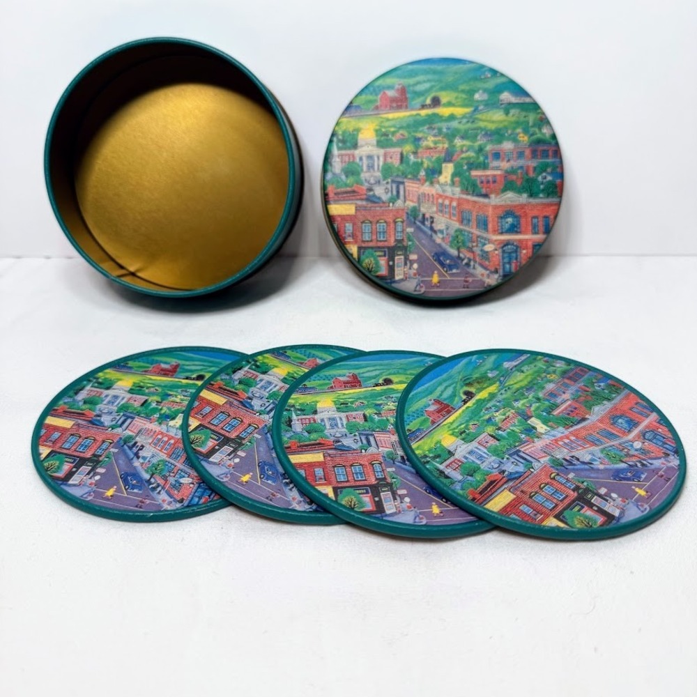 Vintage Heilig-Meyers‎ Folk Art Small Town Main Street Coaster Set with Tin 4pc